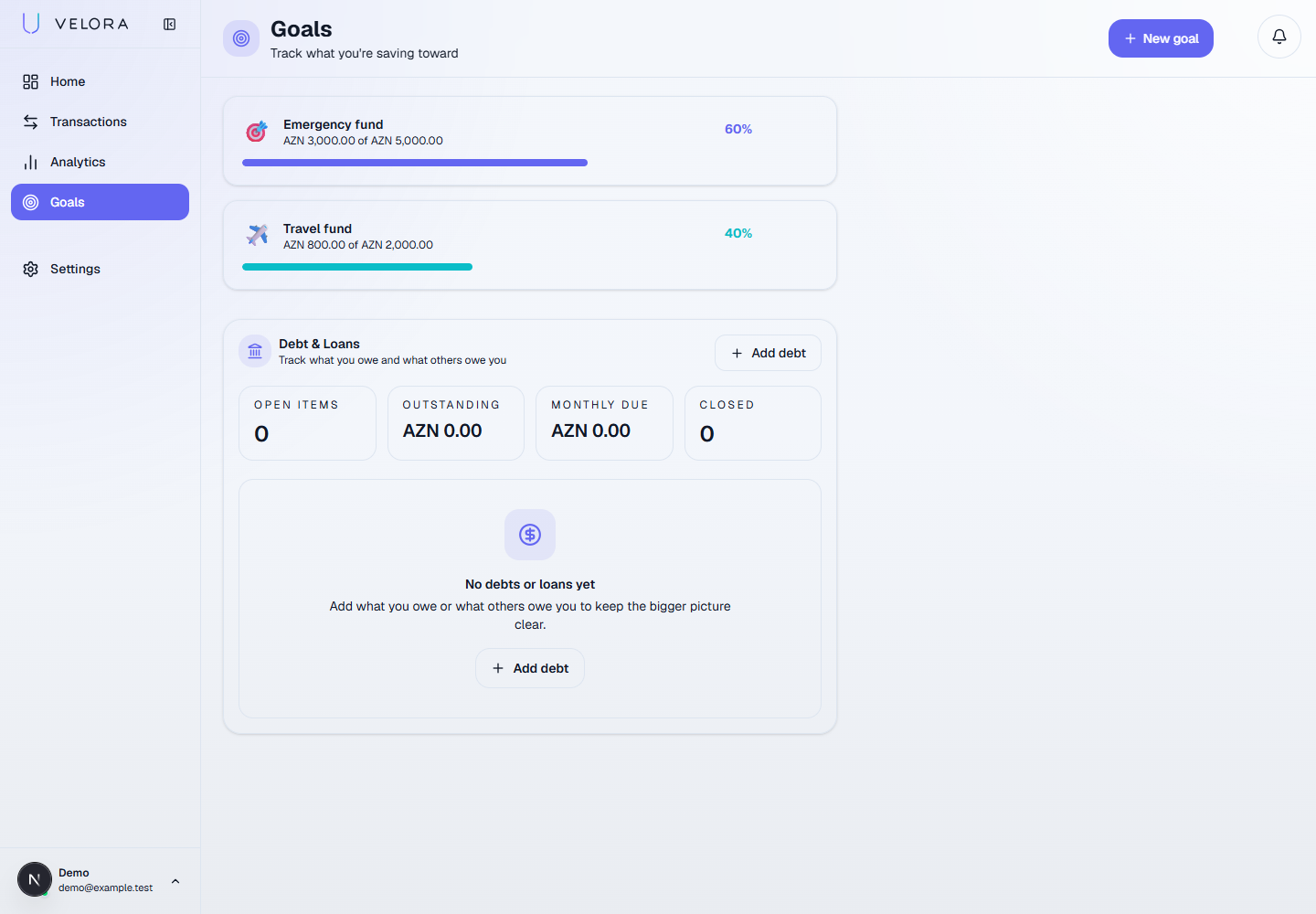 Actual VeloraBudget savings goals with sample target amounts and progress