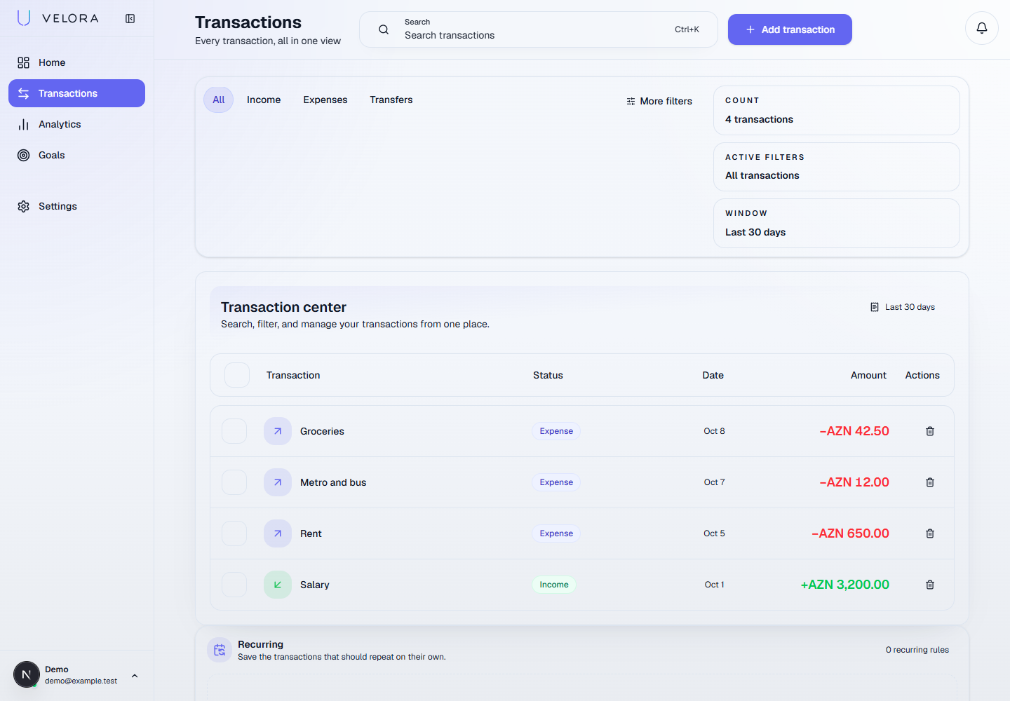 Actual VeloraBudget transaction list with sample income and expenses